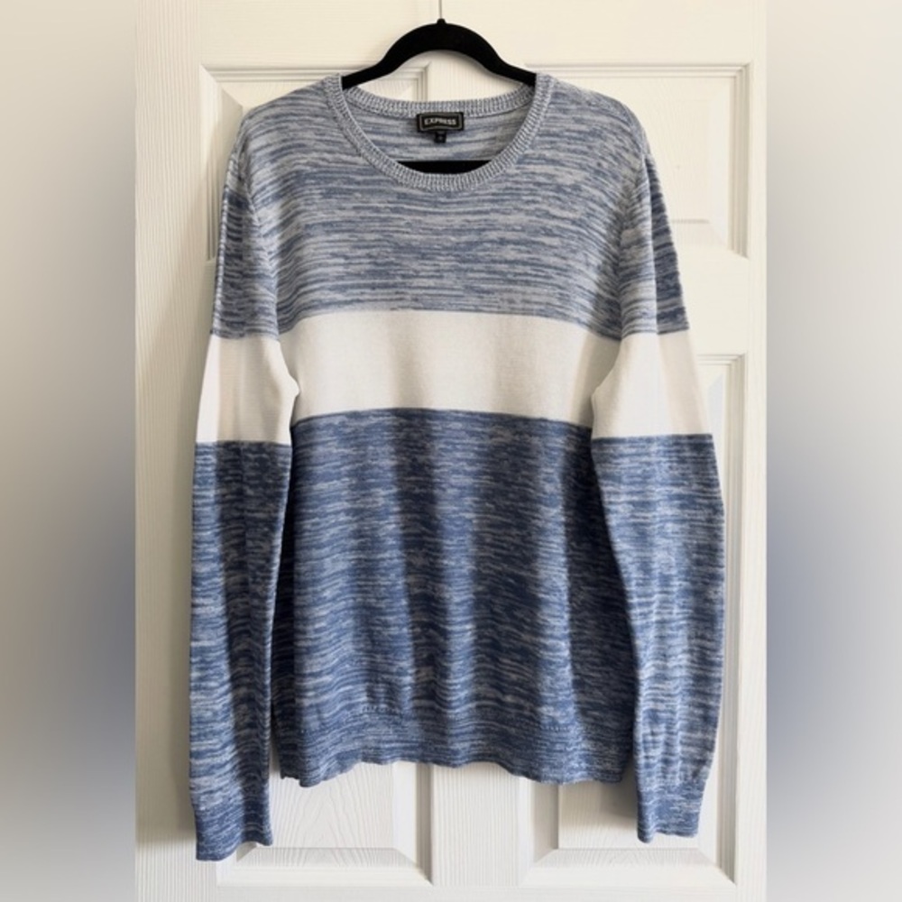 Express Men's Striped Blue and White Crewneck Sweater